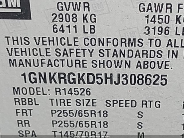 1GNKRGKD5HJ308625 Chevrolet llt - sidi: spark ignited direct injection, alum, 60 degrees