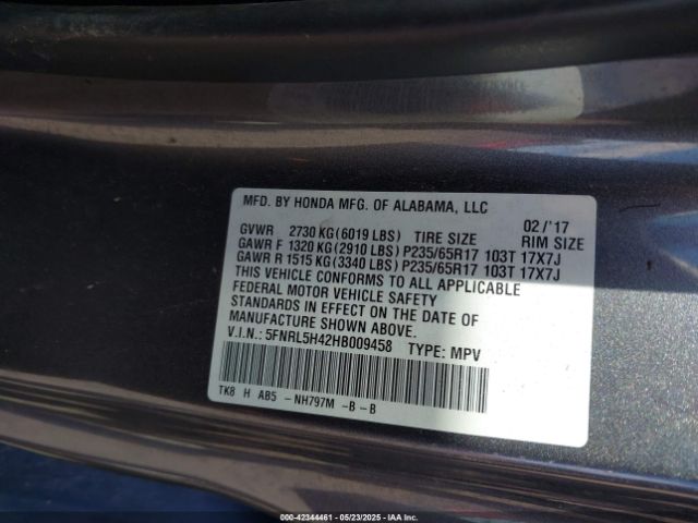 5FNRL5H42HB009458 Honda ODYSSEY EX