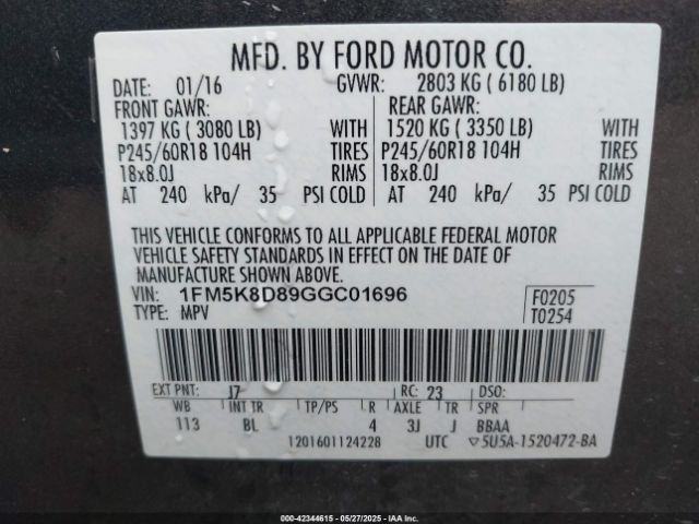 1FM5K8D89GGC01696 Ford EXPLORER XLT