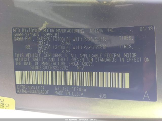 5TDDZ3DC0KS223202 Toyota Sienna Xle Premium 7 Passenger