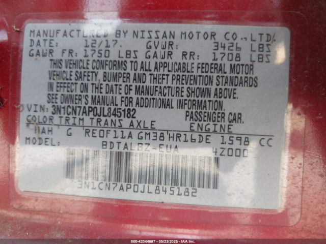 3N1CN7AP0JL845182 Nissan Versa 1.6 Sv