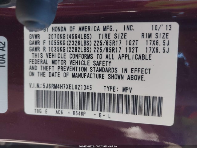 5J6RM4H7XEL021345 Honda Cr-v Ex-l