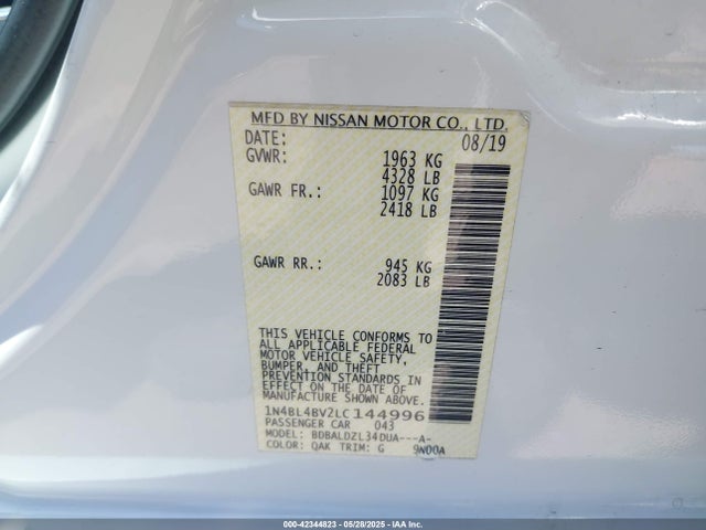 1N4BL4BV2LC144996 Nissan Altima S Fwd