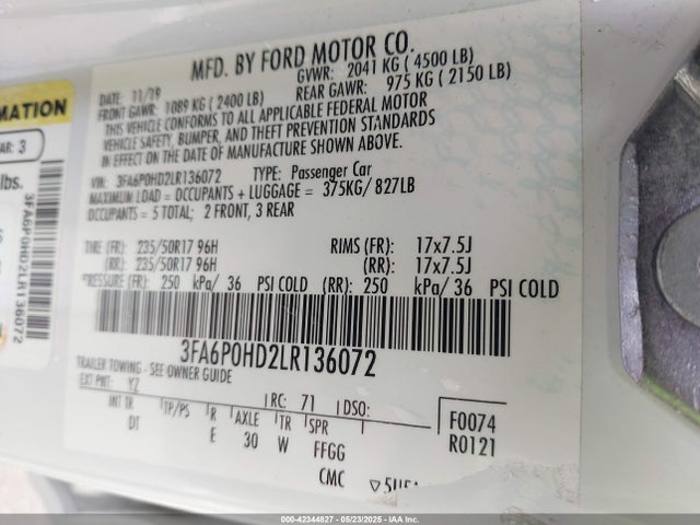 42344827 :رقم المزاد ، 3FA6P0HD2LR136072 vin ، 2020 Ford Fusion Se مزاد بيع