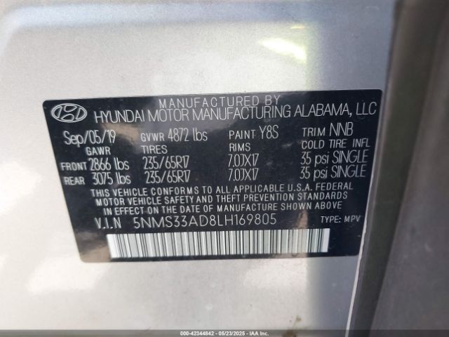5NMS33AD8LH169805 Hyundai Santa Fe Sel