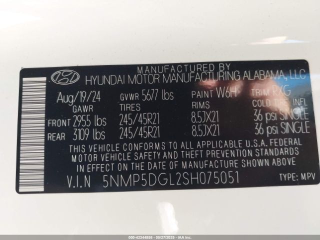 5NMP5DGL2SH075051 Hyundai Santa Fe Calligraphy