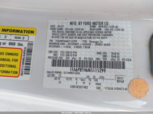 1FA6P8TH6M5115299 Ford Mustang Ecoboost Premium Fastback