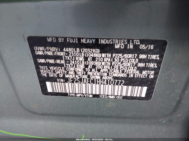 JF2SJAEC1HH410772 Subaru naturally aspirated u5