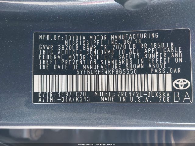 5YFBURHE4KP865550 Toyota Corolla L/le/se/xle/xse