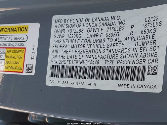 2022 HONDA CIVIC 2HGFE1F91NH315448 Photo 8