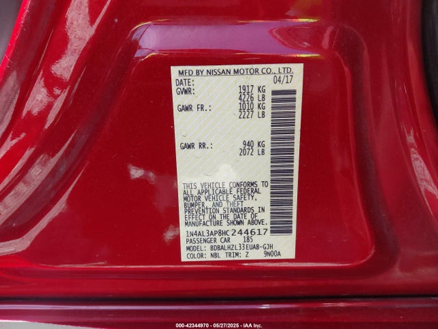 1N4AL3AP8HC244617 Nissan Altima 2.5 Sr