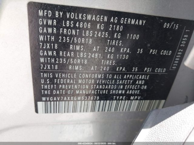 2016 VOLKSWAGEN TIGUAN WVGAV7AXXGW537679 Photo 8