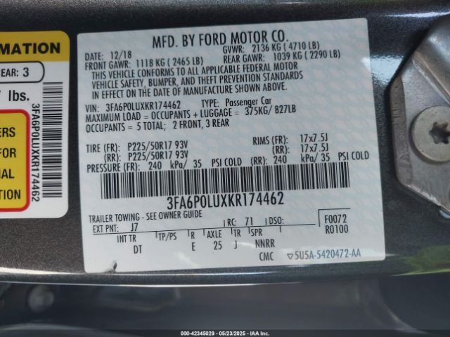 2019 FORD FUSION HYBRID 3FA6P0LUXKR174462 Photo 8