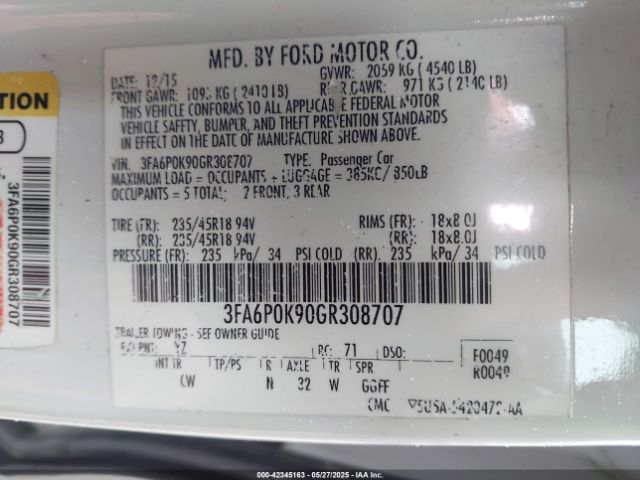 3FA6P0K90GR308707 Ford Fusion Titanium