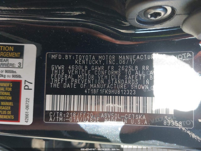 4T1BF1FK9HU812323 Toyota 2ar-fe