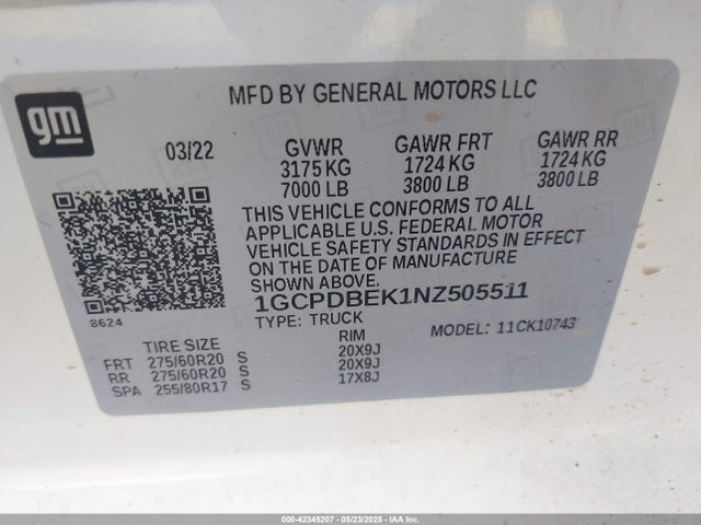 1GCPDBEK1NZ505511 Chevrolet Silverado 1500 4wd  Standard Bed Custom