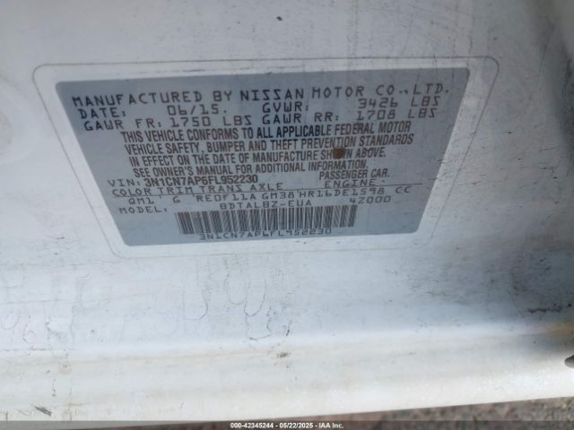 3N1CN7AP6FL952230 Nissan Versa 1.6 Sv
