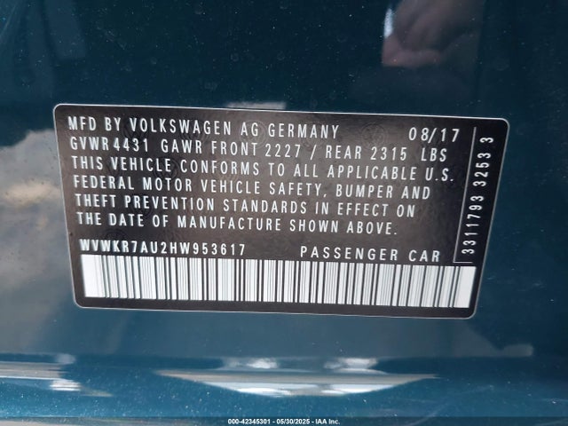 WVWKR7AU2HW953617 Volkswagen 2017