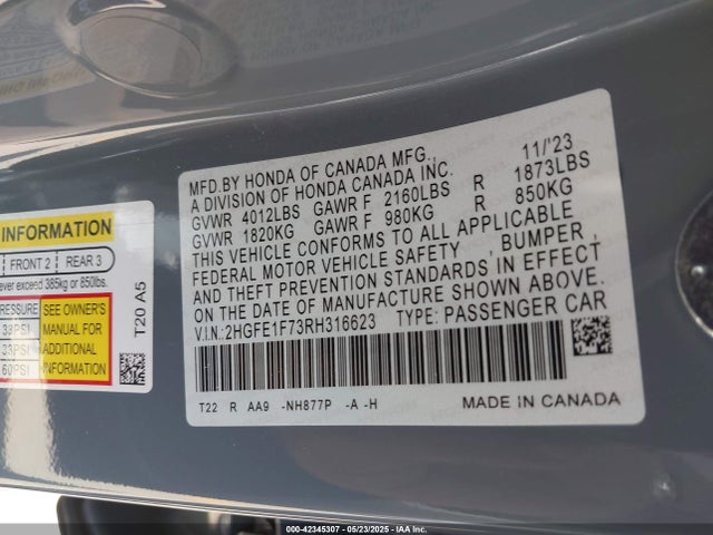 Honda l15b7 2024 2HGFE1F73RH316623 Image 9