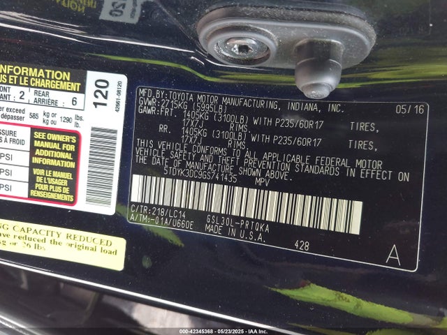 5TDYK3DC9GS741435 Toyota Sienna Xle 8 Passenger