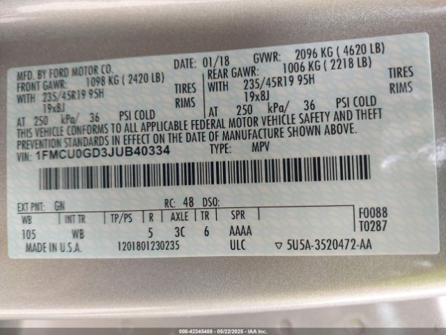 1FMCU0GD3JUB40334 Ford ESCAPE SE