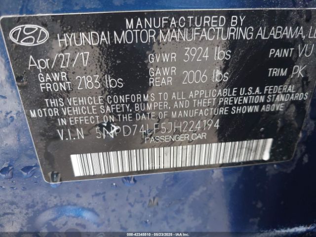 5NPD74LF5JH224194 Hyundai ELANTRA SE