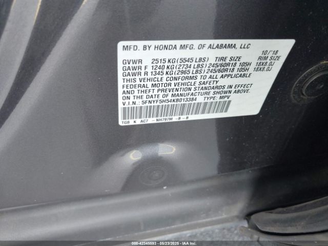 5FNYF5H54KB013384 Honda Pilot Ex-l