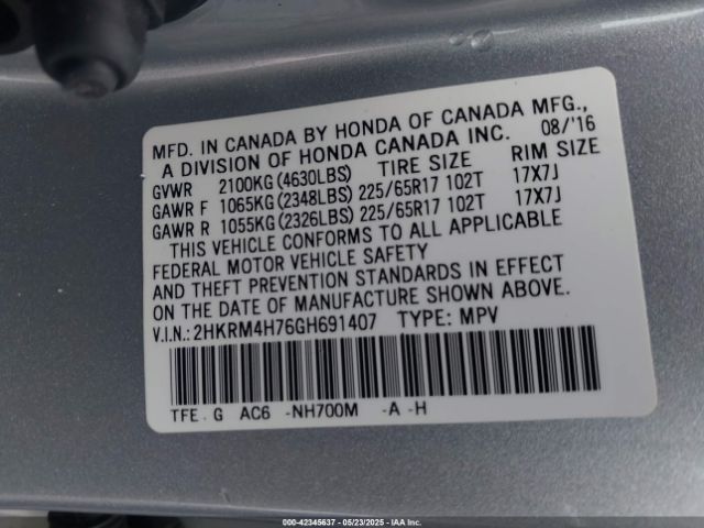 2HKRM4H76GH691407 Honda Cr-v Ex-l