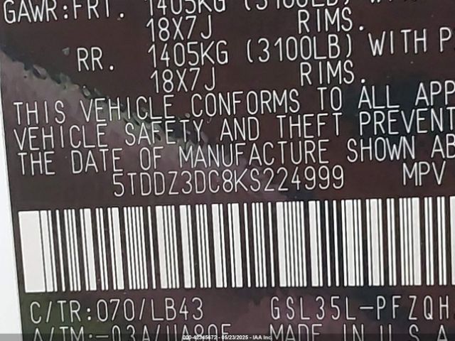 2019 TOYOTA SIENNA 5TDDZ3DC8KS224999 Photo 8