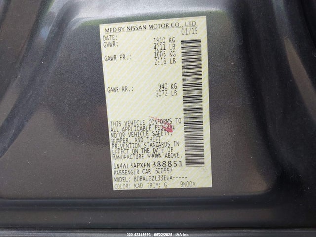 1N4AL3APXFN388851 Nissan Altima 2.5/2.5 S/2.5 Sl/2.5 Sv