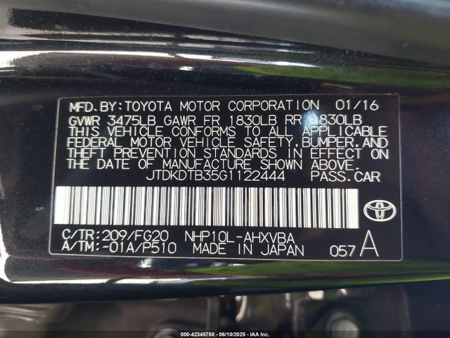 JTDKDTB35G1122444 Toyota 1nz-fxe+1lm