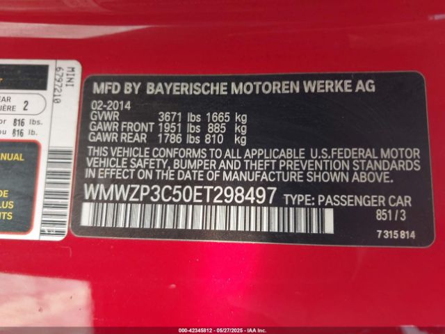 2014 MINI CONVERTIBLE WMWZP3C50ET298497 Photo 8