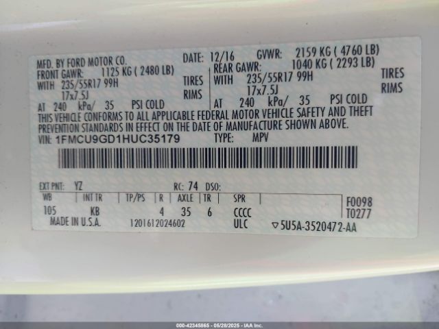 1FMCU9GD1HUC35179 Ford ESCAPE SE