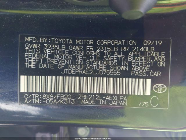 JTDEPRAE2LJ075555 Toyota COROLLA LE