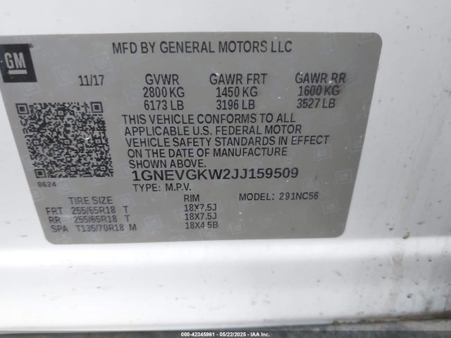 1GNEVGKW2JJ159509 Chevrolet lfy - spark ignited direct injection, atss, gen 1