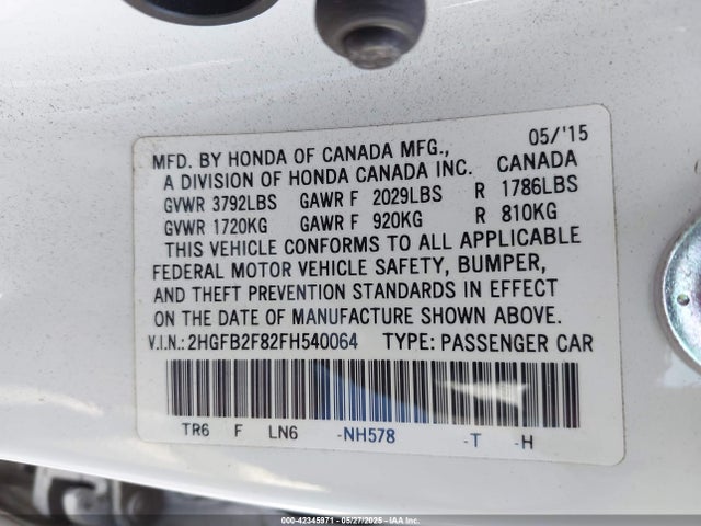 Honda r18z1 2015 2HGFB2F82FH540064 Image 9