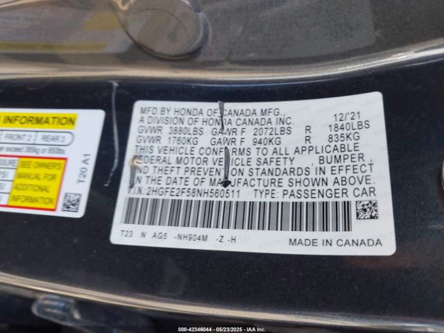 2HGFE2F58NH560511 Honda Civic Sport