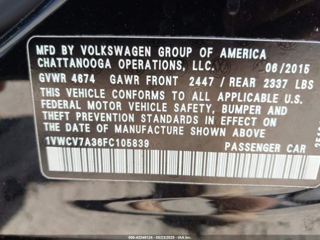 1VWCV7A36FC105839 Volkswagen Passat 2.0l Tdi Sel Premium