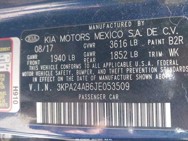 3KPA24AB6JE053509 KIA RIO S