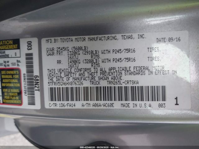 5TFRX5GN6HX076326 Toyota Tacoma Sr