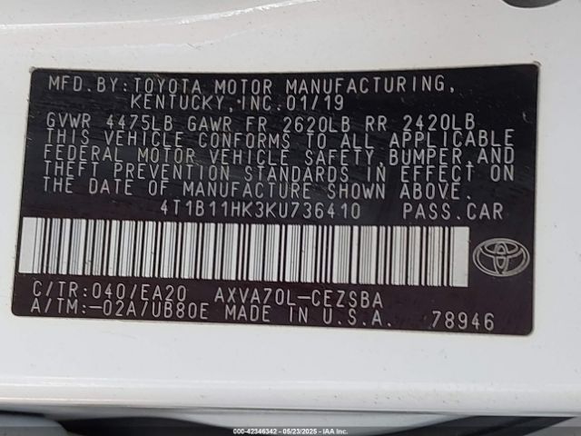 4T1B11HK3KU736410 Toyota CAMRY SE