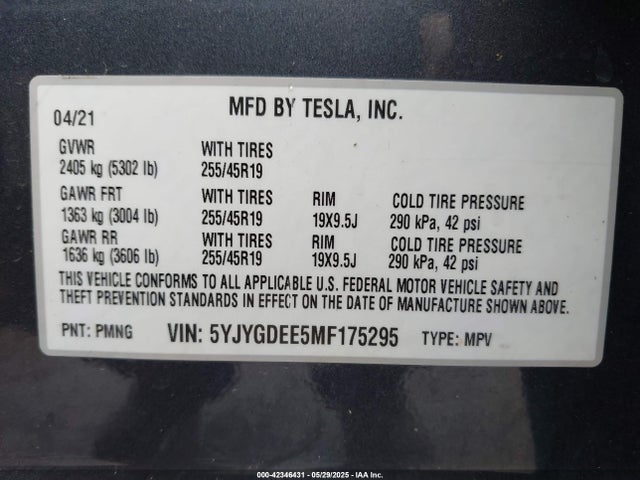 2021 TESLA MODEL Y 5YJYGDEE5MF175295 Photo 8