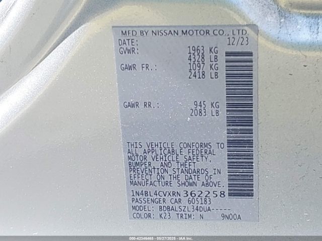 1N4BL4CVXRN362258 Nissan Altima Sr Fwd