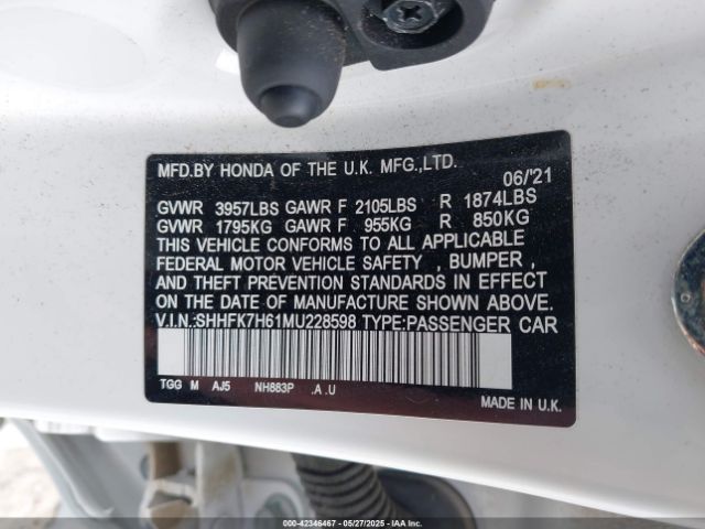 SHHFK7H61MU228598 Honda CIVIC EX