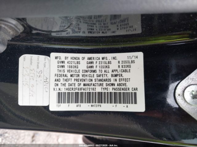 1HGCR2F8XFA072162 Honda Accord Ex-l