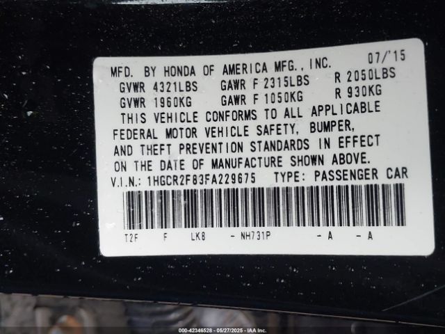 1HGCR2F83FA229675 Honda Accord Ex-l