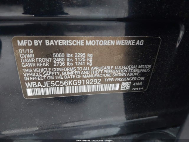 WBAJE5C56KG919292 BMW 2019