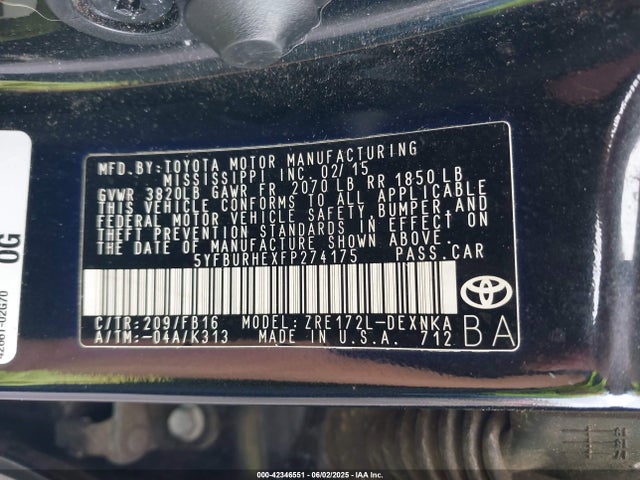 5YFBURHEXFP274175 Toyota 2zr-fe