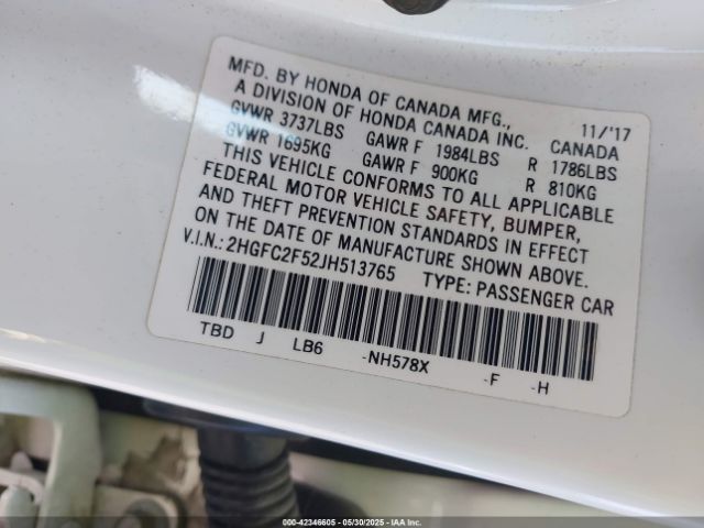 2HGFC2F52JH513765 Honda Civic Lx