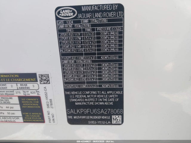 SALKP9FU6SA278068 Land Rover aj120p6h